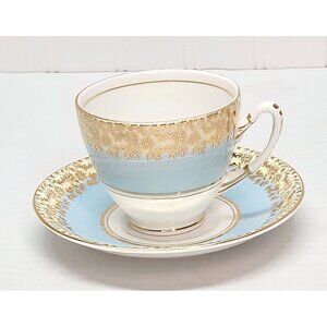 Vintage Royal Stafford Fine Bone China Blue & Gold Floral Tea Cup & Saucer Set